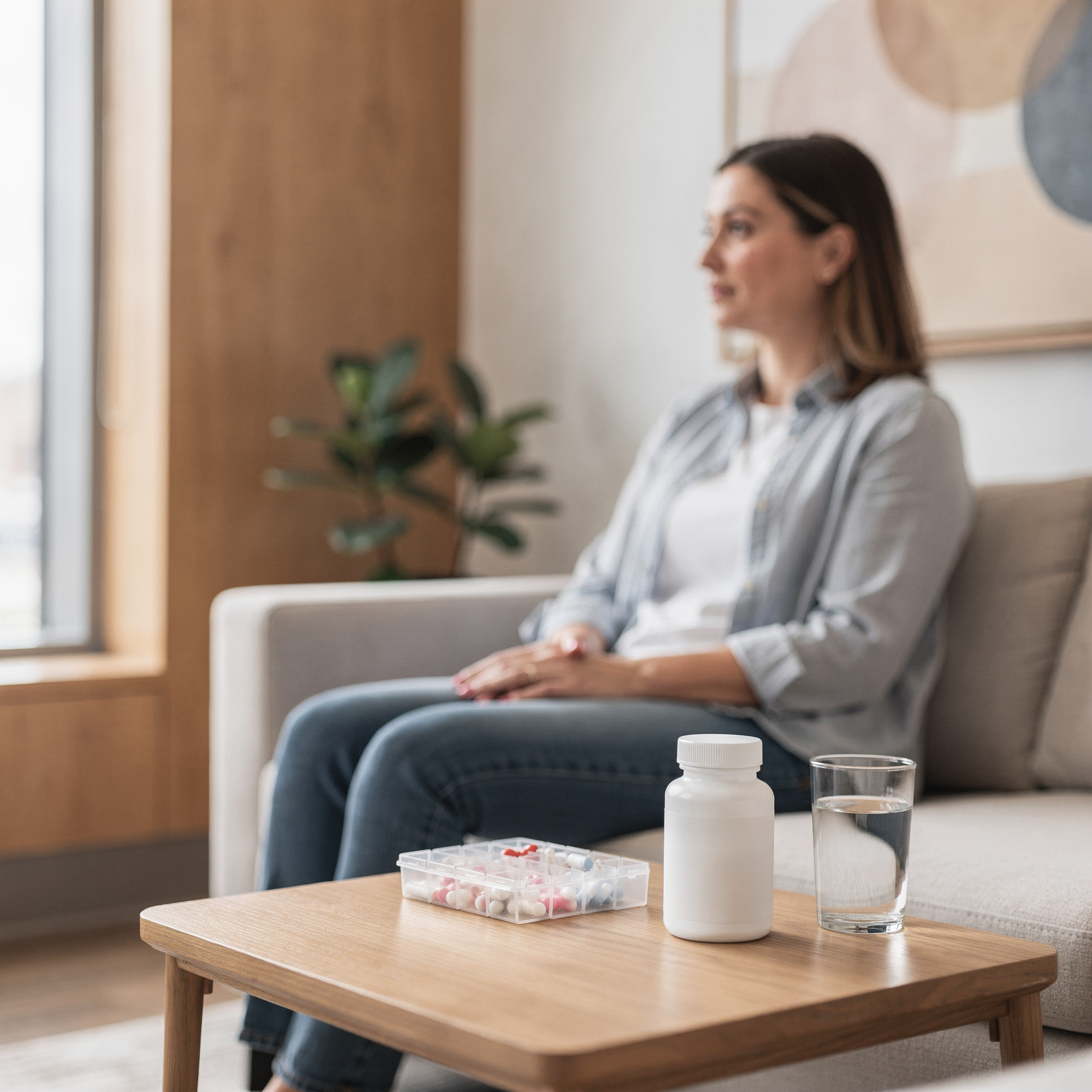Patient sitting on a couch with medication bottle and pills on a table in front of her during a medication management consultation